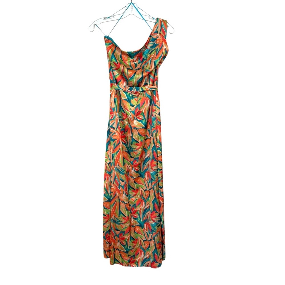 Nicole Miller Tropical Print One-Shoulder Satin Maxi Dress 10 L - Picture 8 of 8